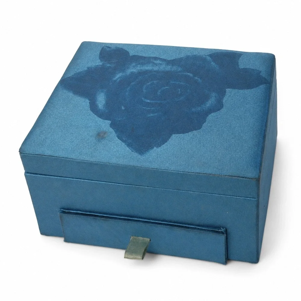 Teal Satin Floral Jewelry Box Mirror Drawer Ring Rolls Vintage Style Organizer